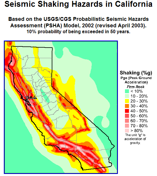  Click to view a interactive seismic shaking hazard value map of California 
